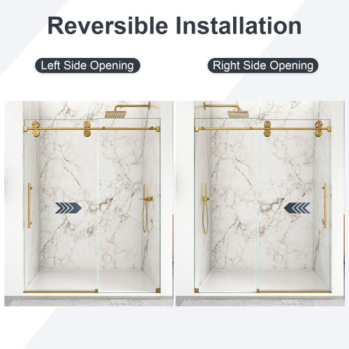 56"-60"W x 72"H Frameless Single Sliding Shower Door – 5/16" (8mm) Clear Tempered Glass, Bypass Design with Brushed Gold Finish