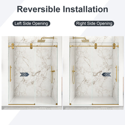 56"-60"W x 72"H Frameless Single Sliding Shower Door – 5/16" (8mm) Clear Tempered Glass, Bypass Design with Brushed Gold Finish