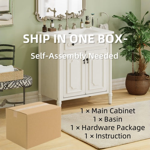 31" Vintage Bathroom Vanity with Sink, Faux Aged Finish, Rustic Bathroom Cabinet with Soft Close Doors and Adjustable Shelf, Curved Profile Design, Rubber Wood Legs, White