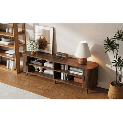 70 inch Modern TV Stand for TVs Up to 80 inch, Wood Grain Media Console with Solid Wood Legs