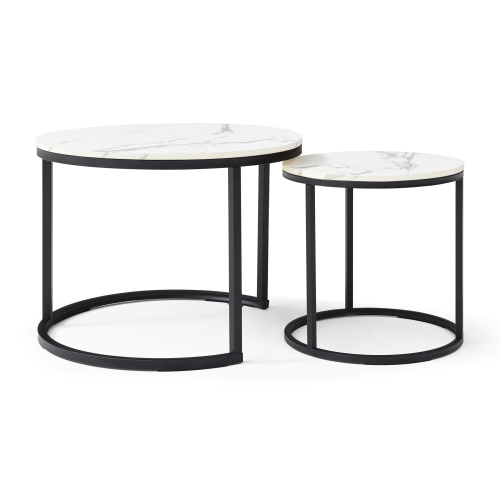 2-Piece Nesting Round Coffee Table, White & Gray Top