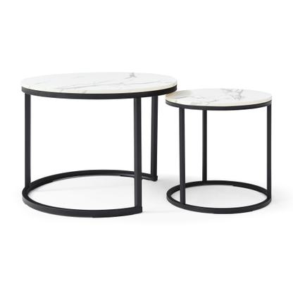 2-Piece Nesting Round Coffee Table, White & Gray Top