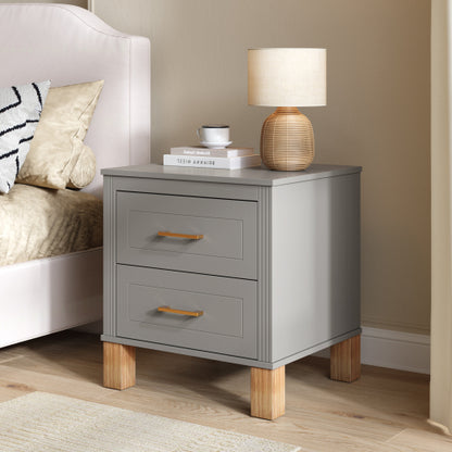 Gray Fluted Nightstand, 2-Drawer Bedside Table with Metal Handles & Solid Wood Legs
