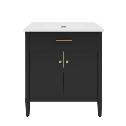 31" Bathroom Vanity with Sink, Bathroom Cabinet with Soft Close Doors and Adjustable Shelf, Curved Profile Design, Rubber Wood Legs, Black