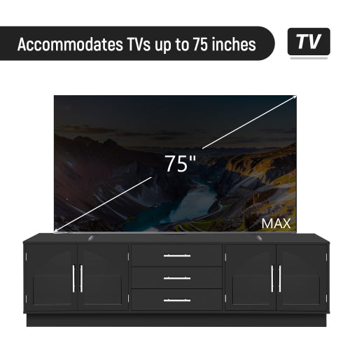 68.9 Inch Minimalist Arched Glass TV Stand for 75 Inch TV with 3 Drawers & Adjustable Shelves