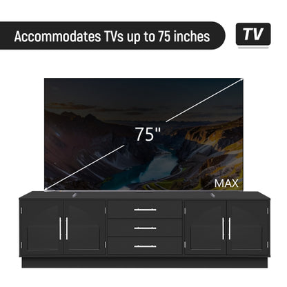 68.9 Inch Minimalist Arched Glass TV Stand for 75 Inch TV with 3 Drawers & Adjustable Shelves