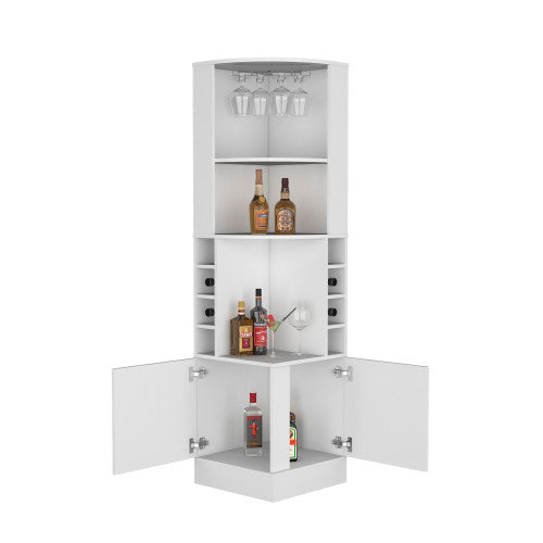 Beijing Corner Bar Cabinet, Glass Rack, Double Door Cabinet, Eight Built-In Wine Rack, Bar, Liquor Storage, White
