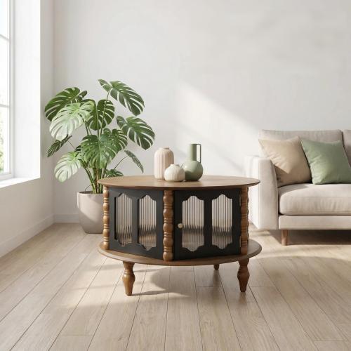 31.5inch  Round Wooden Coffee Table with Glass Doors, Walnut & Black