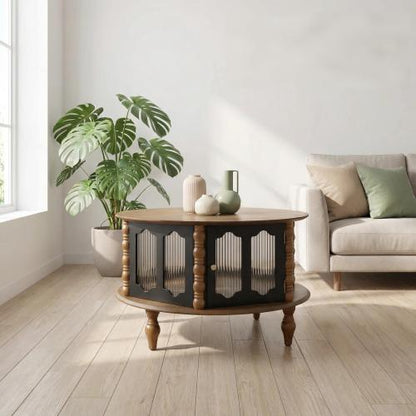 31.5inch  Round Wooden Coffee Table with Glass Doors, Walnut & Black