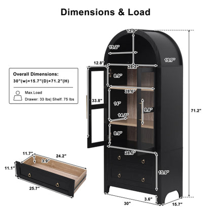 71 Inch Black Arched Glass Door Kitchen Pantry Storage Cabinet