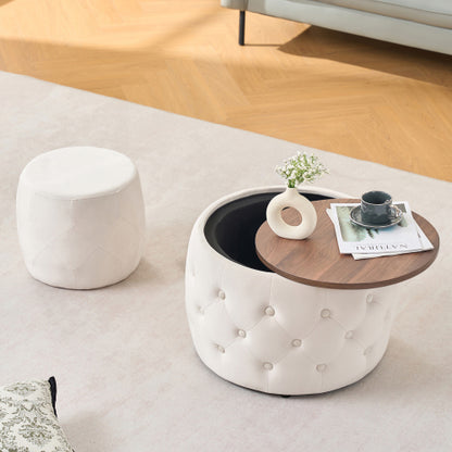 Beige 2-Piece Velvet Nesting Storage Ottoman Set, 4-in-1 Round Foot Stool with Wood Tray, Fully Assembled