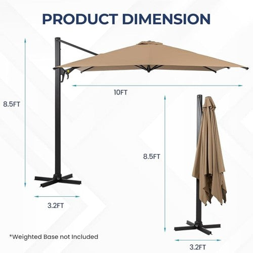 10 Ft Khaki Square Large Cantilever Patio Umbrella with 360° Rotation & Tit Adjustment and Heavy Duty Offset Polyester Canopy Deck Umbrella without base.