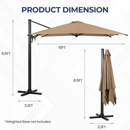 10 Ft Khaki Square Large Cantilever Patio Umbrella with 360° Rotation & Tit Adjustment and Heavy Duty Offset Polyester Canopy Deck Umbrella without base.