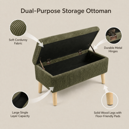 32 inch Olive Green Corduroy Flip-Top Storage Ottoman Bench, Wooden Leg Upholstered End of Bed & Entryway Stool