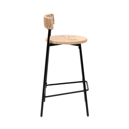Hand Woven Bar Stools with Back Set of 2 Paper Rope Round Barstools with Footrest for Kitchen Island & Dining Rooms (Black & Honey)