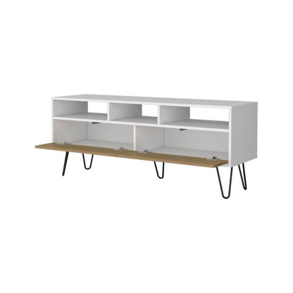 White and Natural Oak 54 inch TV Stand with Open Shelves and Storage