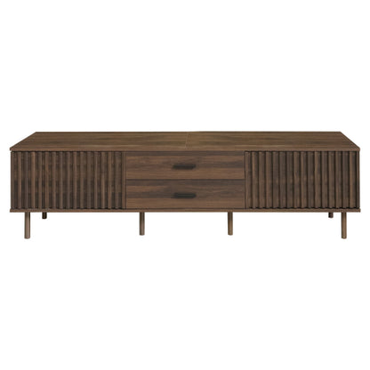 70.8 inch Dark Brown Slatted TV Stand Solid Pine Leg Media Console Fits Up To 80 Inch TV