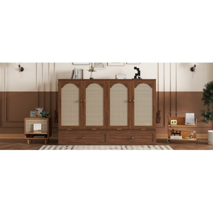 Queen Murphy Cabinet Bed with Charging Station Drawer and Rattan Panels Walnut