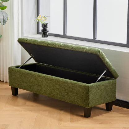 Green Boucle Storage Ottoman Bench, Tufted Design with Rubber Wood Legs, 300 LBS Capacity, 51.18 inchL x17.52 inchW x18 inchH