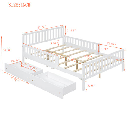Full Size Wood Platform Bed with Guardrails on Both Sides and Two Storage Drawers ,White