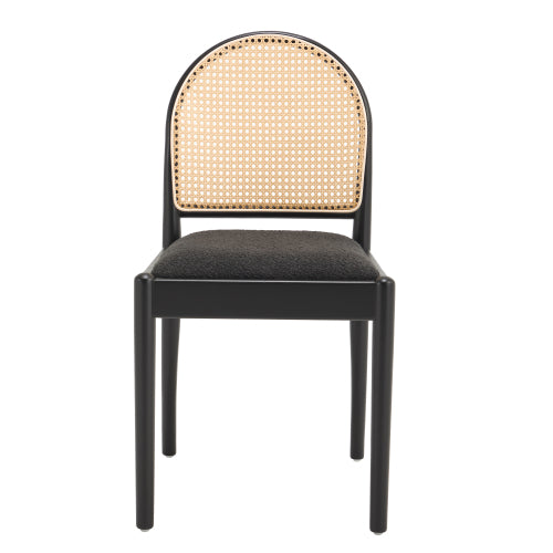Set of 2 Rattan Dining Chairs with Teddy Upholstered Seat, Wood Legs, Black Kitchen Chairs