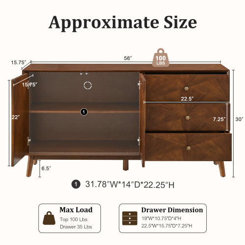 56 Inch Walnut Brown Mid Century TV Stand Sideboard with 3 Drawers & Double Door Storage Cabinet