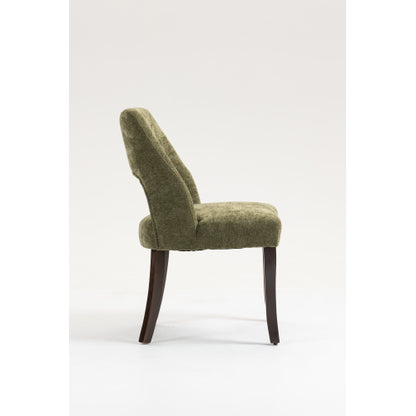 Set of 2 Green Tufted Chenille Dining Chairs, Curved Rubberwood Legs 300lbs Capacity Space Saving Design