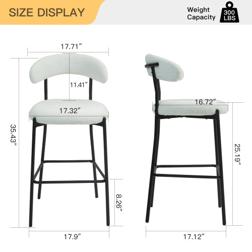 26inch  Counter height bar stools Teddy fabric cover kitchen island counter bar stool with black powder coating base and footrest(Snow)