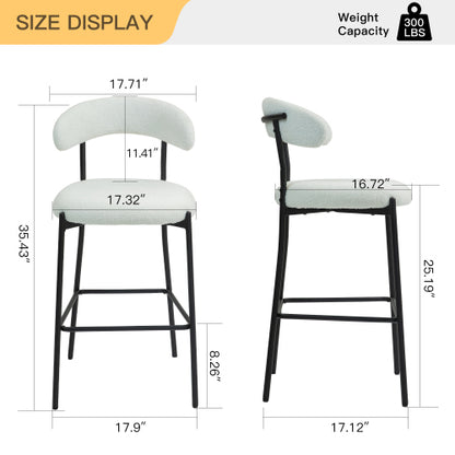26inch  Counter height bar stools Teddy fabric cover kitchen island counter bar stool with black powder coating base and footrest(Snow)