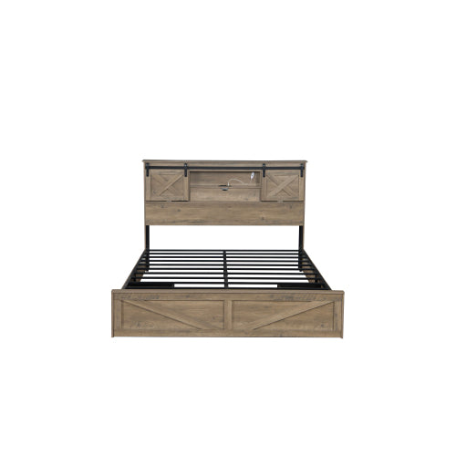 Farmhouse Bed Frame Queen Size with LED Lights and Charging Station, Wooden Queen Bed with 2 Storage Drawers, Rustic Headboard with Sliding Barn Door Storage Cabinets