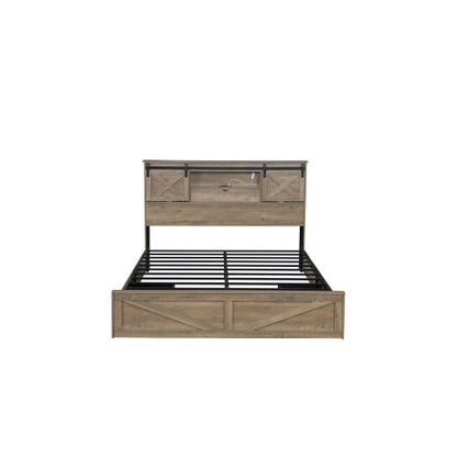 Farmhouse Bed Frame Queen Size with LED Lights and Charging Station, Wooden Queen Bed with 2 Storage Drawers, Rustic Headboard with Sliding Barn Door Storage Cabinets