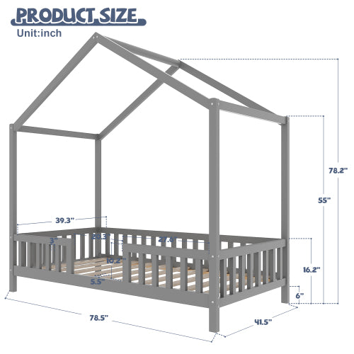 Montessori Floor Bed with Canopy, Twin Bed Frame for Kids, House Shape Toddler Bed Frame with High Railings, Wood Kids Bed with Roof, Kid Twin Bed, Grey