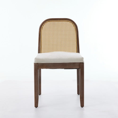 Set of 2 Beige Curved Arched Cane Back Farmhouse Dining Chairs, Distressed Solid Wood Frame S-Spring Chenille Cushion