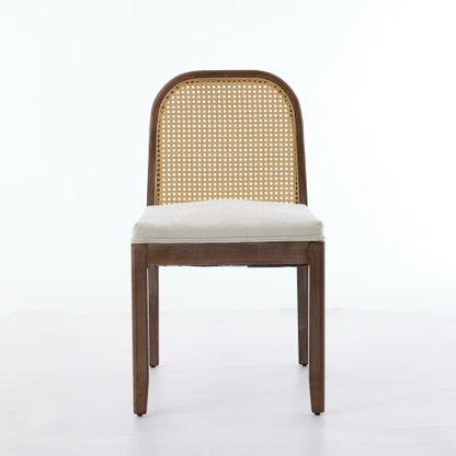 Set of 2 Beige Curved Arched Cane Back Farmhouse Dining Chairs, Distressed Solid Wood Frame S-Spring Chenille Cushion