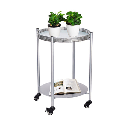 2-Tier Movable Round Side Table with Lockable Wheels