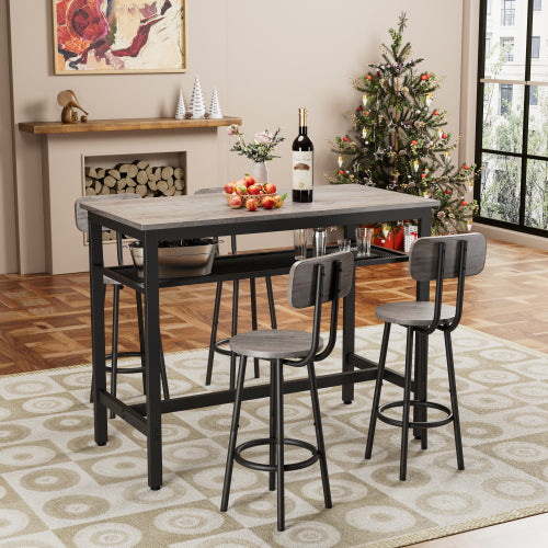 5-Piece Gray Counter Height Dining Set, MDF & Steel Table with 4 Stools, Space-Saving for Kitchen & Bar