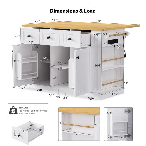 53inch Large Kitchen Island with Drop Leaf, Power Outlet, Door Internal Storage Rack, Rolling Kitchen Cart on 5 Wheels with 5 Open Side Racks for Kitchen, Dining Room,White(Not include bar stools)