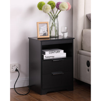 Black Nightstand with Charging Station, 2 Drawers & Open Shelf Wooden Bedroom Side Table