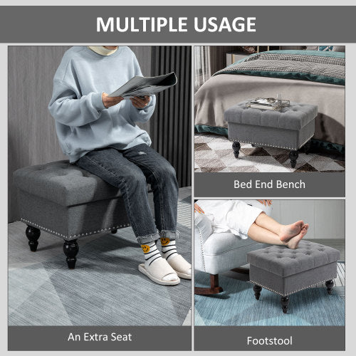 Gray Button Tufted Storage Ottoman Bench with Wood Legs, Removable Lid Footrest Seat for Living Room Bedroom
