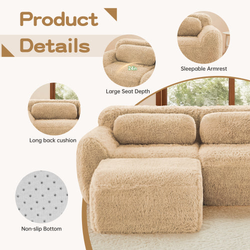 Light-Khaki L-Shape Plush Boneless Modular Sofa with Chaise Pillows