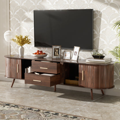 70.8 Inch Dark Brown Mid-Century Sliding Door TV Stand Solid Wood Leg Media Console Fits 80 Inch TV