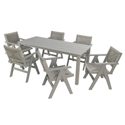 A wooden-textured imitation wood dining table, simple yet with a high quality feel. It has a small tabletop and is perfect for outdoor picnics. Light gray color, 68.9 inches long.