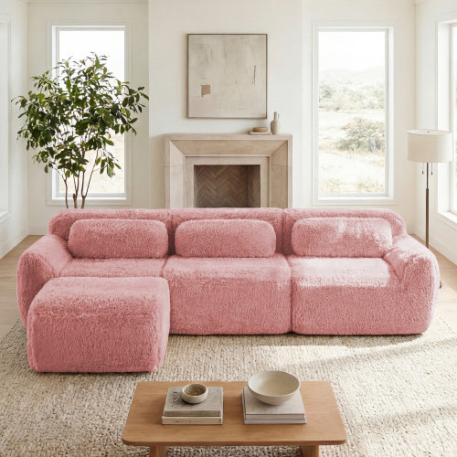 Pink L-Shaped Plush Boneless Modular Sofa, Movable Ottoman, 32D Sponge, No Assembly