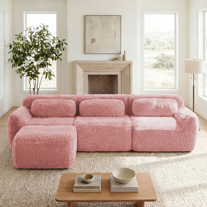 Pink L-Shaped Plush Boneless Modular Sofa, Movable Ottoman, 32D Sponge, No Assembly