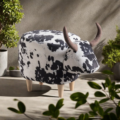 Black & White Cow Shaped Animal Ottoman, Fabric Footstool with Velvet Horns & Natural Birch Legs for Indoor & Outdoor Decor