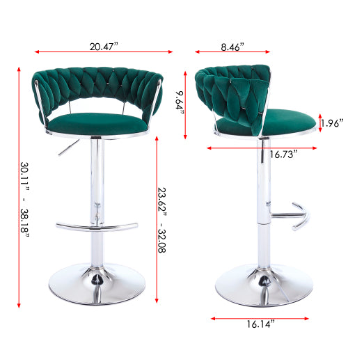 Set of 2 Bar Stools,with Chrome Footrest and Base Swivel Height Adjustable Mechanical Lifting Velvet + Chrome  Leg Simple Bar Stool-GREEN