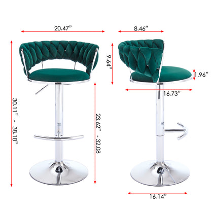 Set of 2 Bar Stools,with Chrome Footrest and Base Swivel Height Adjustable Mechanical Lifting Velvet + Chrome  Leg Simple Bar Stool-GREEN