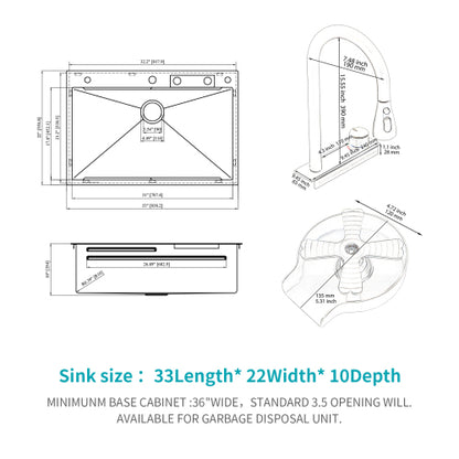 33" Drop in Waterfall Kitchen Sink - 33*22*10 inch Single Bowl 16 Gauge Stainless Steel Ledge Workstation Kitchen Sinks with Pull-Down Faucet & Cup Washer