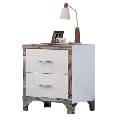 High Gloss Mirrored Nightstand with 2 Drawers,Modern End Table with Drawers,Mirrored High Gloss Wood Nightstand Metal Handle Bedside End Table for Bedroom, Dorm,Living Room,White