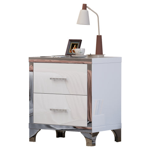 High Gloss Mirrored Nightstand with 2 Drawers,Modern End Table with Drawers,Mirrored High Gloss Wood Nightstand Metal Handle Bedside End Table for Bedroom, Dorm,Living Room,White